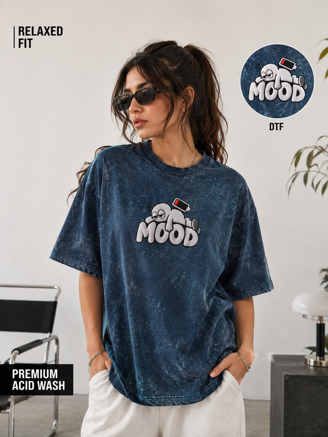 Unifi Style Women's Low Battery 'MOOD' Acidified Navy Oversized T-Shirt