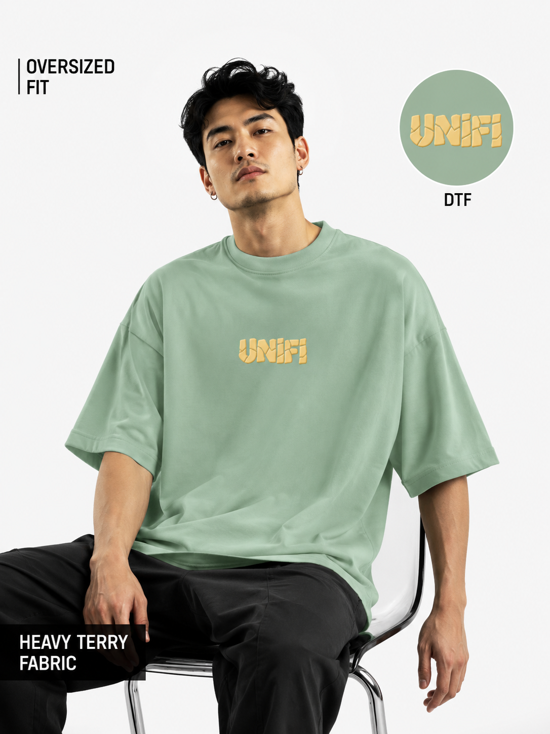 Unifi Fractured Logo 260 GSM Sage French Terry Oversized T-Shirt