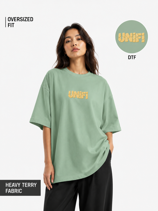 Unifi Style Women's Fractured Logo 260 GSM Sage French Terry Oversized T-Shirt