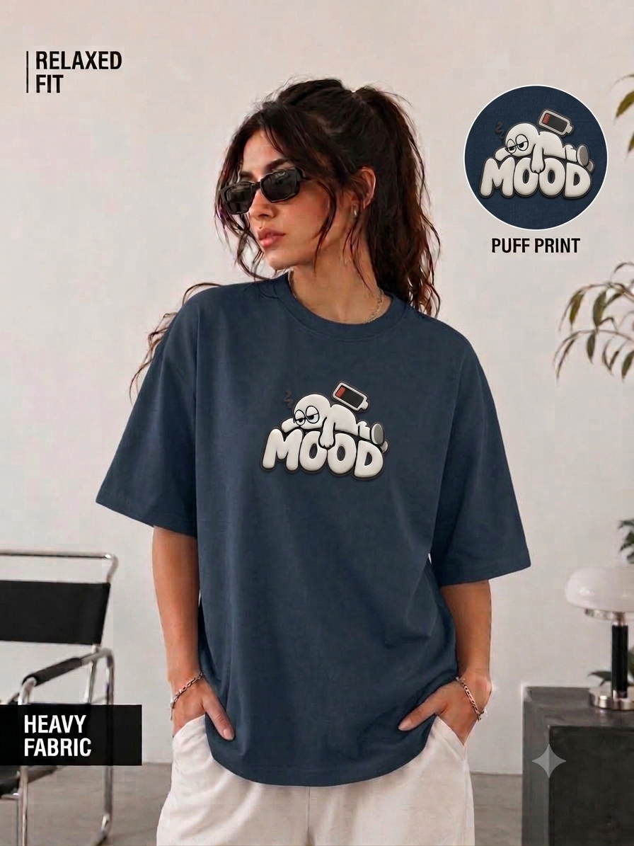 Unifi Style Women's Social Battery 'MOOD' 3D Puff Print Black Oversized T-Shirt