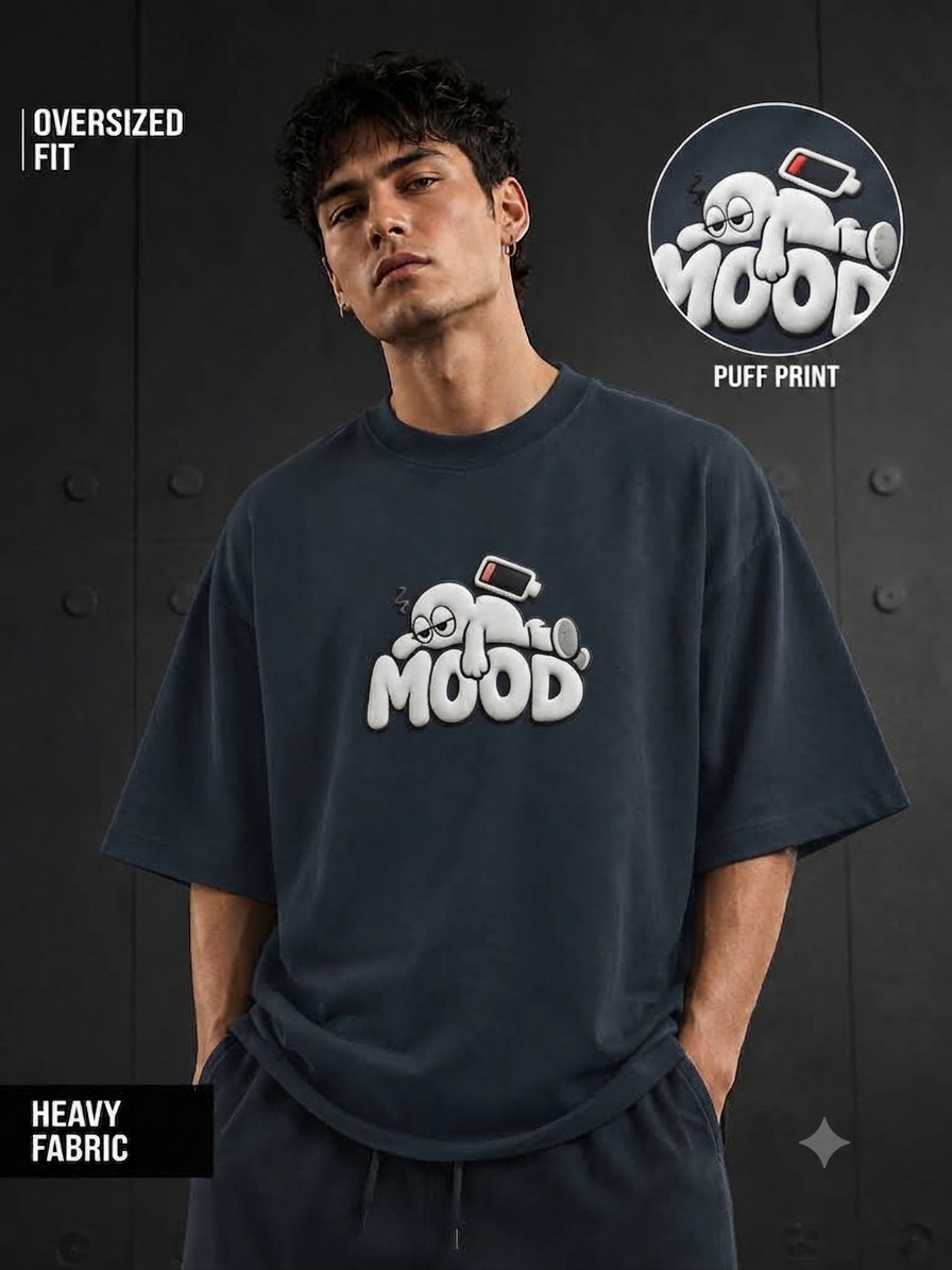 Unifi Social Battery 'MOOD' 3D Puff Print Black Oversized T-Shirt