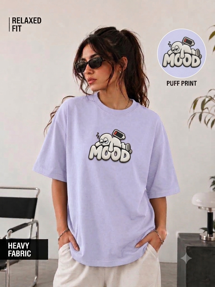 Unifi Style Women's Social Battery 'MOOD' 3D Puff Print Black Oversized T-Shirt