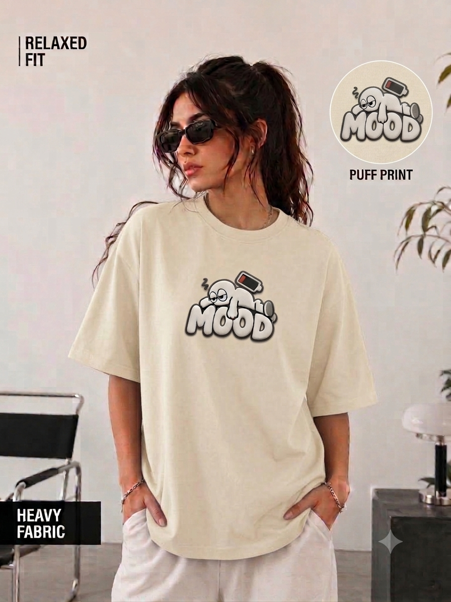 Unifi Style Women's Social Battery 'MOOD' 3D Puff Print Black Oversized T-Shirt