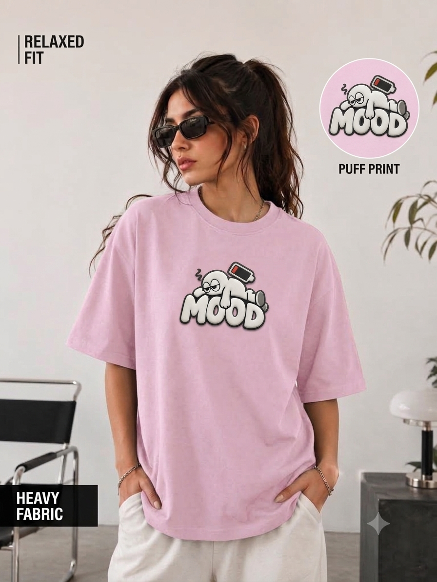 Unifi Style Women's Social Battery 'MOOD' 3D Puff Print Black Oversized T-Shirt