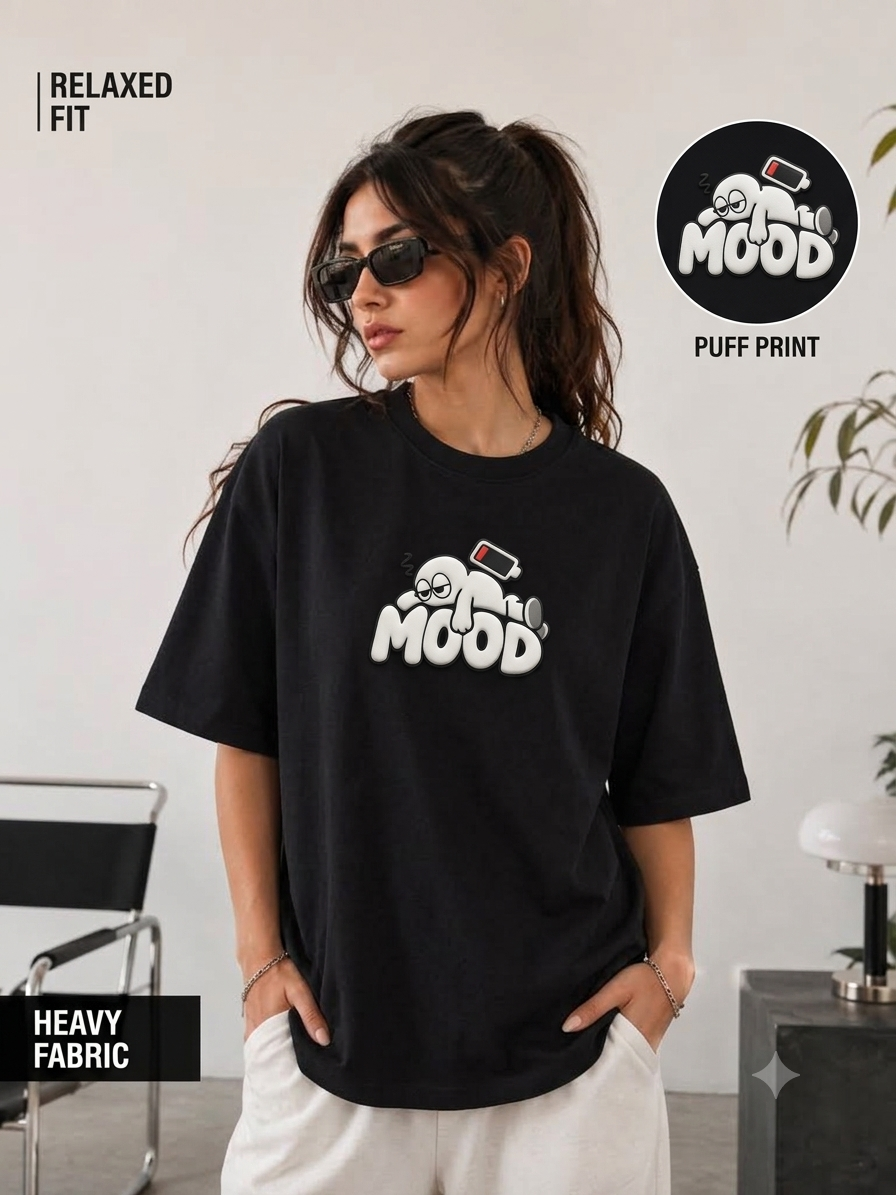 Unifi Style Women's Social Battery 'MOOD' 3D Puff Print Black Oversized T-Shirt
