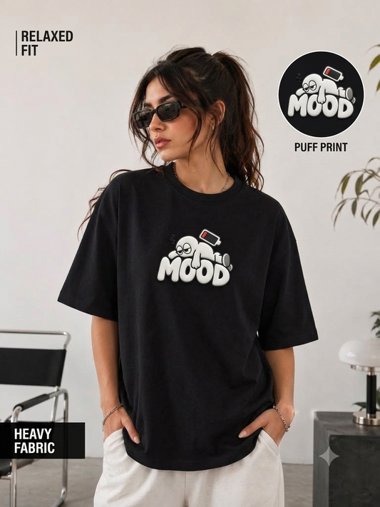 Unifi Style Women's Social Battery 'MOOD' 3D Puff Print Black Oversized T-Shirt